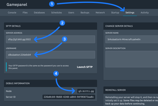 Palvelimen Gamepanel-asetukset